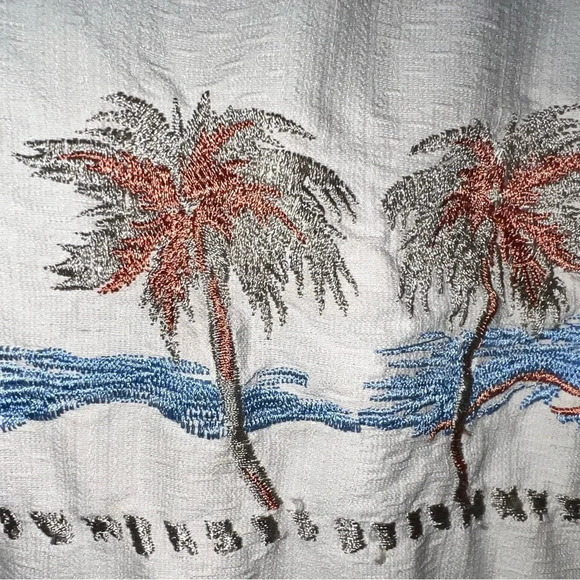 Paradise Blue,M, silk embroidered button front hem vents tropical Hawaiian shirt - Picture 7 of 11